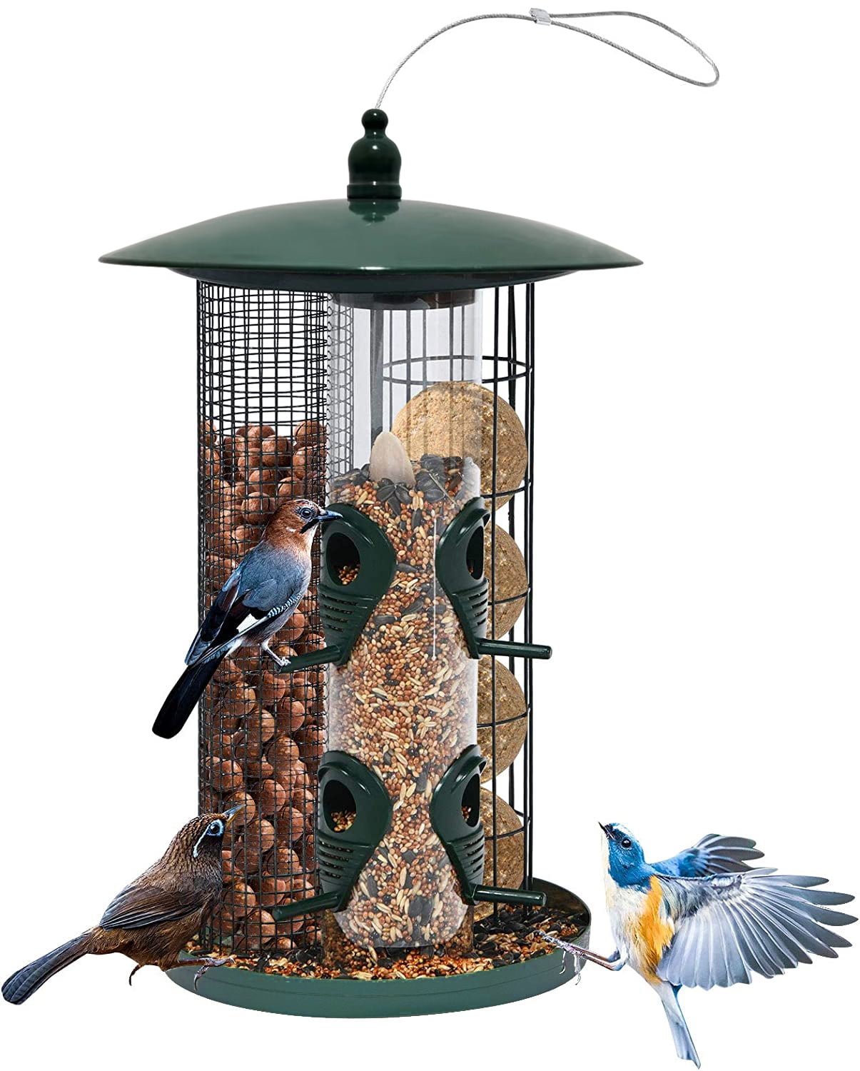 Centurion 3-in-1 Metal Hanging Wild Bird Feeder Outdoor w/3 Feeding Ports & Perches Multi-Colored