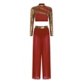 thumbnail image 4 of Raenseen Women Lyrical Dance Outfits Sets Sequins Rhinestones Crop Top with Mesh Sheer Pants Burgundy M, 4 of 5