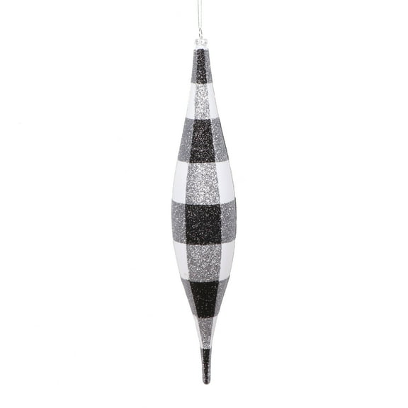 Vickerman 13" White Black Plaid Glitter Shuttle Ornament, 2 per bag.