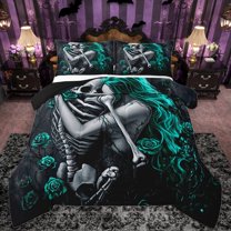 Castle Fairy Female Men Gothic Skeleton 3 Pieces Queen Comforter Set,Teal Floral Rose Ultra Soft Bedding Sets,Happy Valentine's Day Bedding Comforter Set Breathable,Ultra Soft Home Decor,Reversible