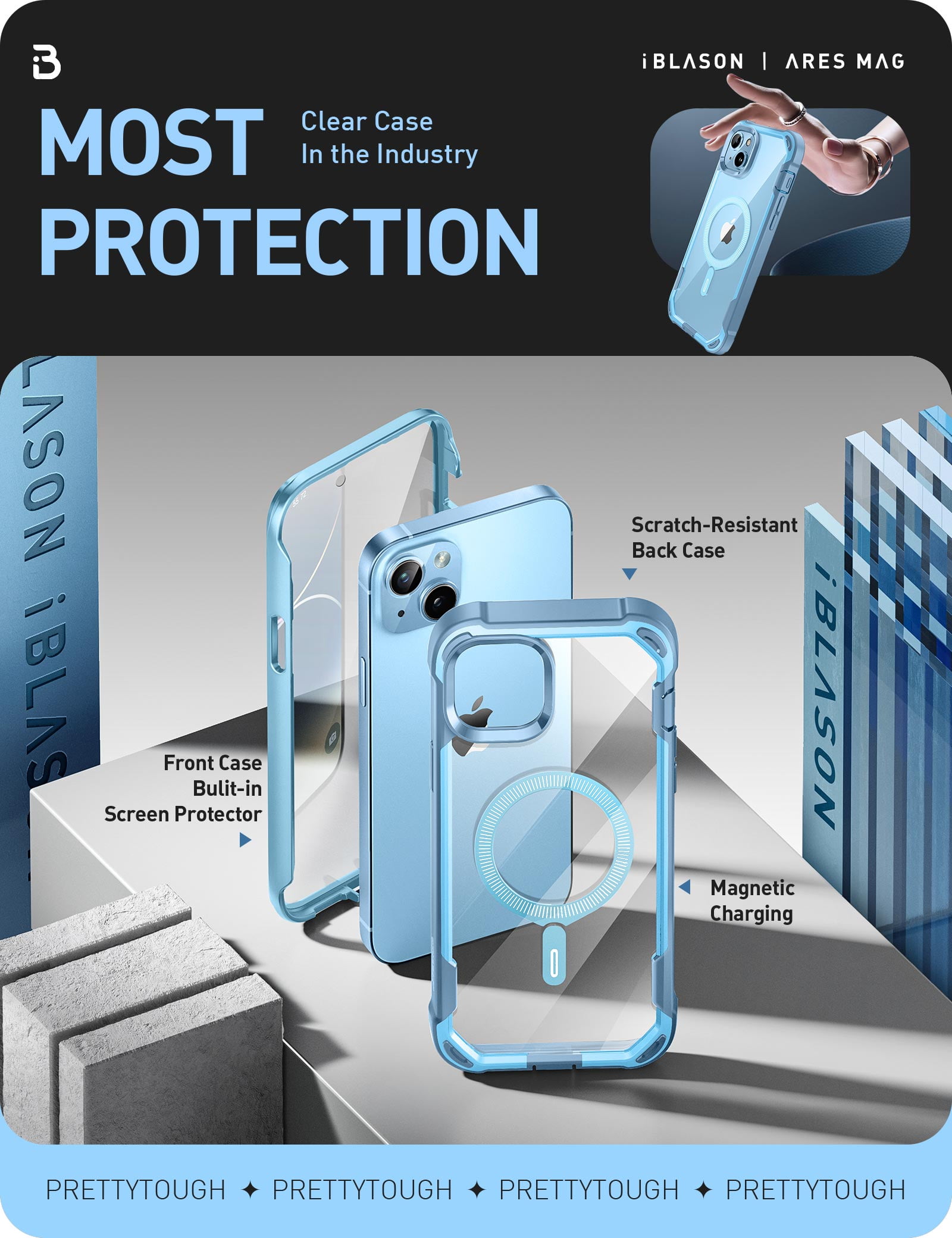 i-Blason AresMag for iPhone 15 Plus Case [6.7 inch], [MagSafe Compatible] Full-Body Dual Layer Anti-Slip Shockproof Rugged Clear Bumper Case with Built-in Screen Protector (Blue)