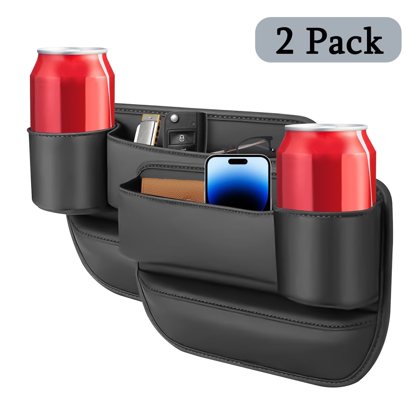 SPOKKI 2 Pcs Car Leather Cup Holder Gap Bag, Car Seat Gap Filler Organizer for Glasses Phones Keys and Cards (Black, Driver'+Passenger's Seat)