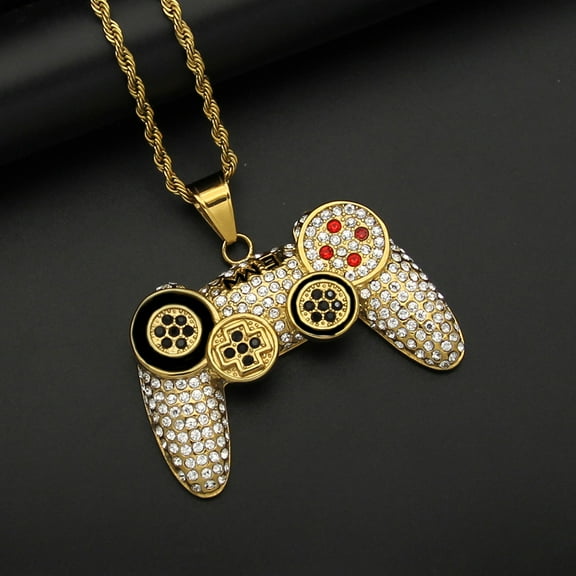 Exquisite Fashion Sparkle Zircon Gamepad 14K Yellow Gold Pendant Necklace for Men Women Hip Hop Personality Rock Trend Party Jewelry