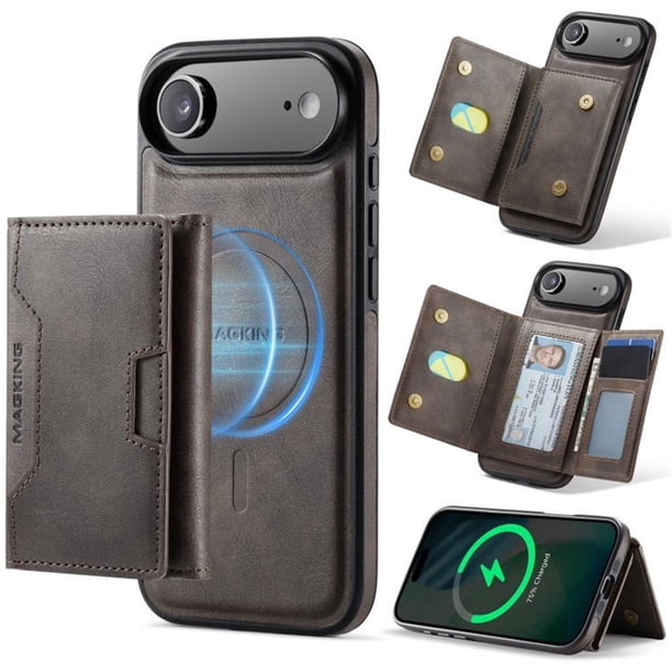 Case For IPhone Air Funda Protectora RFID de 6,5" con Ranuras para 7 Tarjetas Magsafe, Soporte 2 en 1, Funda Protectora de Cuero Desmontable a Prueba de Golpes, Café, For IPhone Air