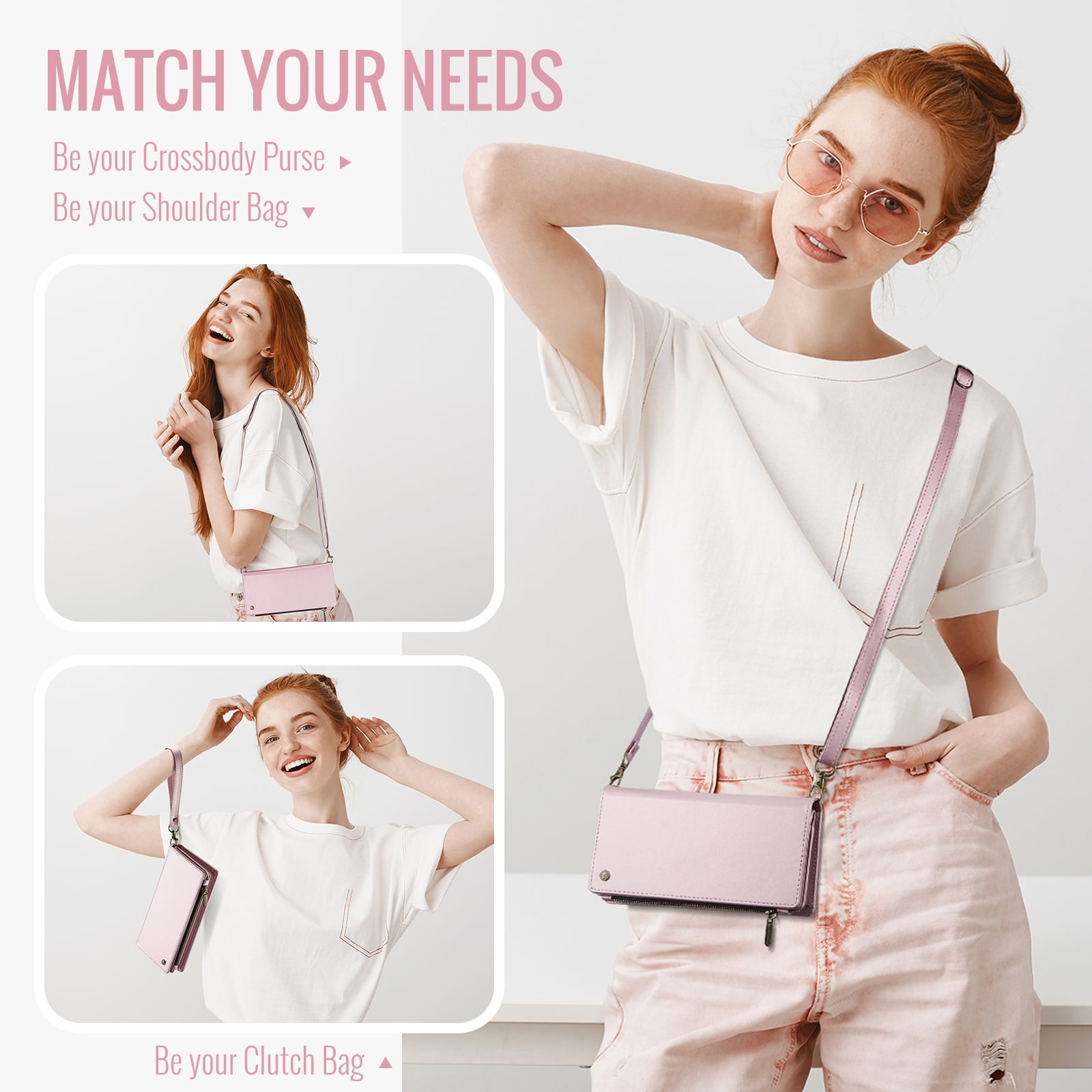 ELEHOLD Phone Bag Wallets for Women Girls,Luxury PU Leather Wallet Bag Crossbody Handbag with Phone Pocket Zipper Pocket Large Capacity Credit Card Holders Wriststrap Shoulder Strap,Pink