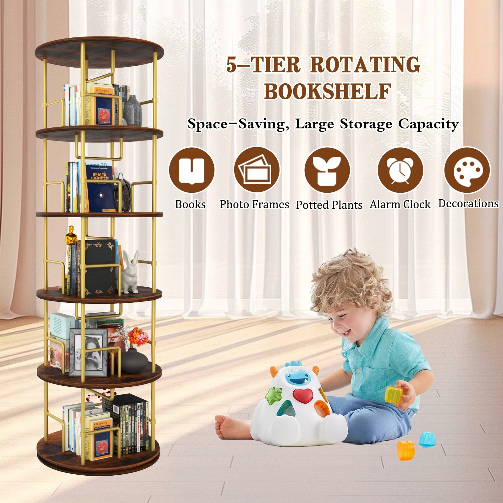 PORKISS 5 Tier Rotating Bookshelf, 360° Display Rotating Bookcase Corner Storage Rack with Partition Storage, Round Spinning Bookshelf for Office Living Room, Golden