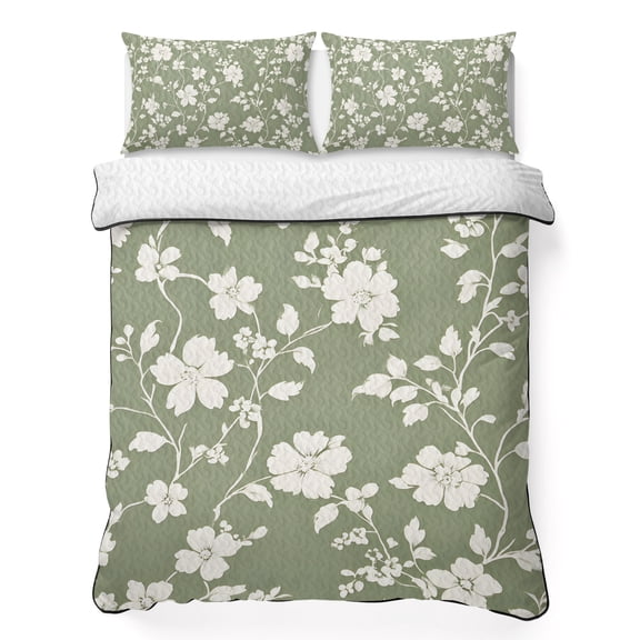 Twin Quilt Set 68''x86'', White Spring Floral Lightweight Summer Bedspread Coverlet Set with 2 Pillow Shams, Summer Flowers Sage Green Pastoral Breathable All Season Quilt Bedding for Dorm/Bedroom