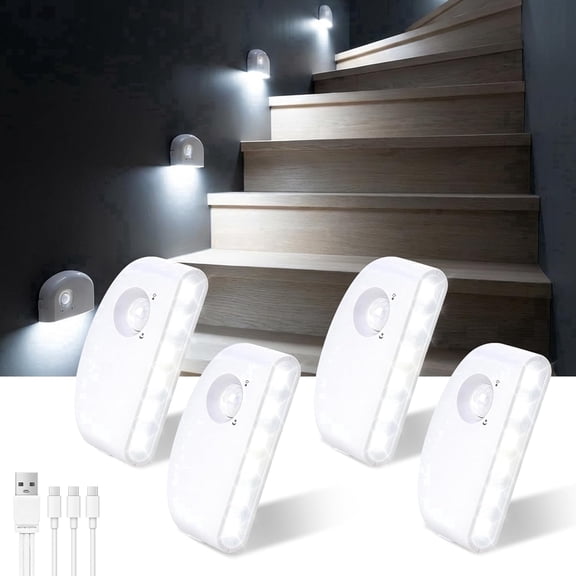 4 Pack Rechargeable Motion Sensor Stair Lights Indoor, Motion Activated Night Light Led Battery Powered Portable Automatic Wireless Stick On Lamp for Step Hallway Closet Under Cabinet