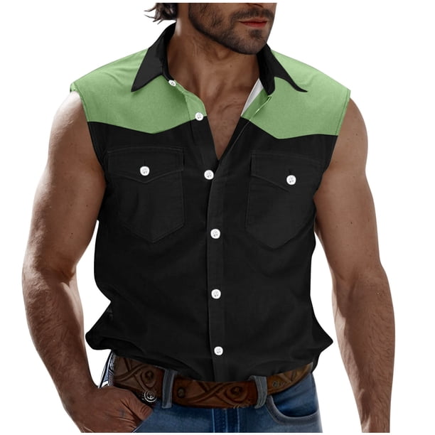 Camisas de Cuello para Hombres Moda Casual Patchwork Turndown Bolsillos sin Mangas Tanque Deportivo, Poliéster