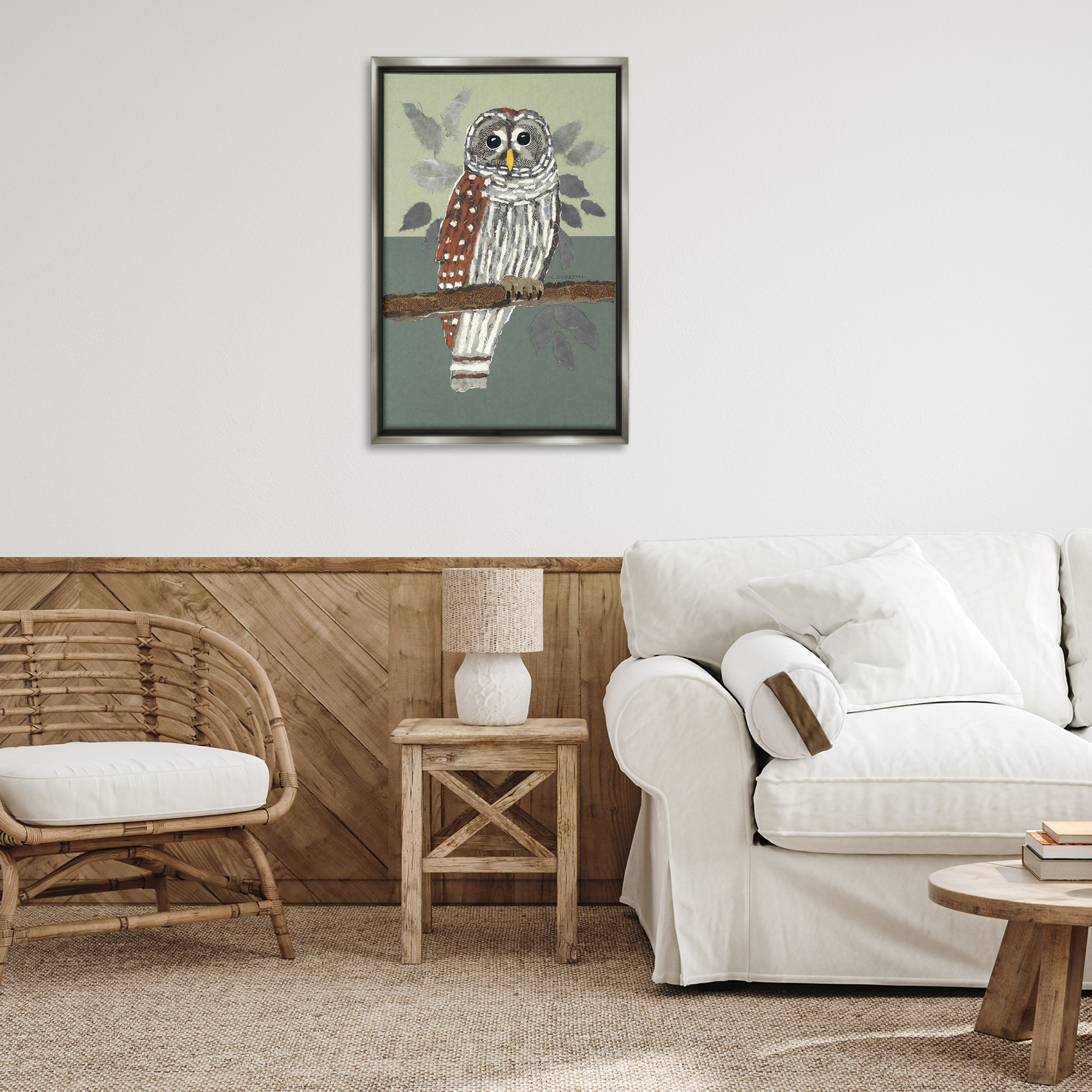 Stupell Industries Owl Perched Tree Branch Animals & Insects Painting Gray Floater Framed Canvas Art Print Wall Art, 21 x 31