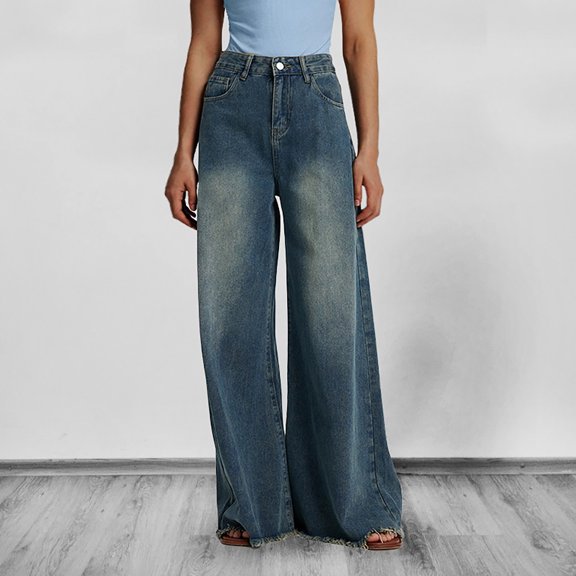 ClodeEU Women Wide Leg High Waist Denim Pants,Loose Jeans with Pockets ,Fashion Casual Denim Pants Blue,Womens Plus XL