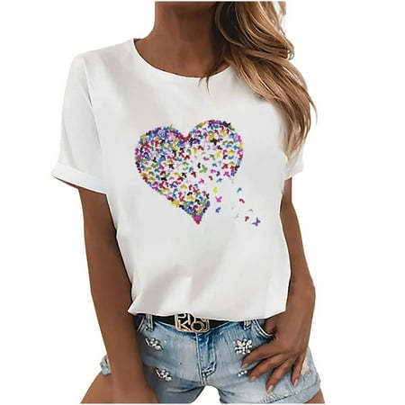 

HTNBO Loose Fit Print Shirts for Women Crew Neck Casual Summer Short Sleeve Tops Corset Tops White XXL