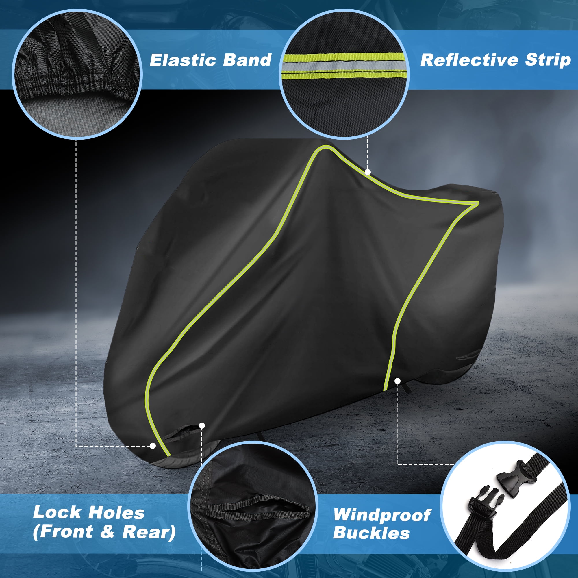 Motorcycle Cover Waterproof Outdoor 300D Oxford Heavy Fabric Scooter Cover Motorbike Cover with Lock-Hole All Weather Protection Black Fits Up to 220cm/87"
