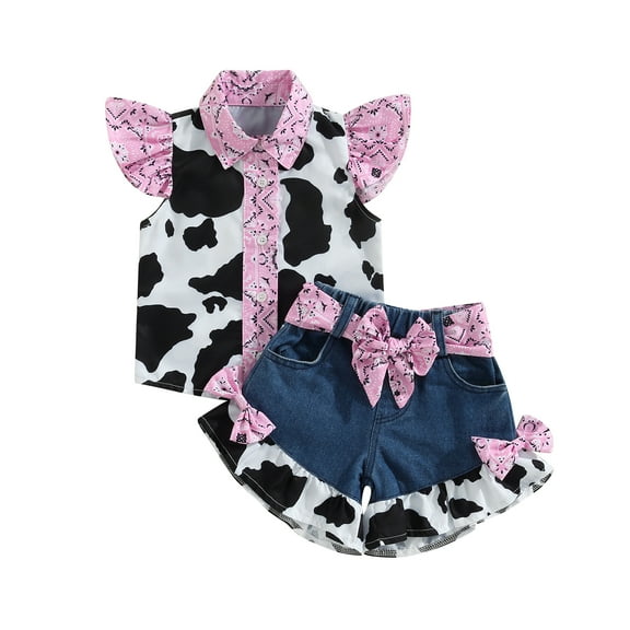 Toddler Girl Summer Clothes Cow Print Fly Sleeve Tops Bow Denim Shorts with Belt Set Baby Outfits