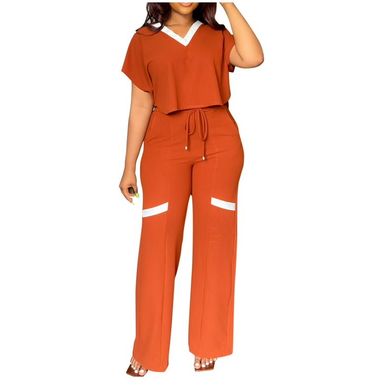 YWDJ 2 Piece Outfits for Women Pants Sets Dressy 's Casual Fashion Solid  Color Short Sleeve Top High Waist Straight Leg Pants Commuting Two-piece Set  Red M 
