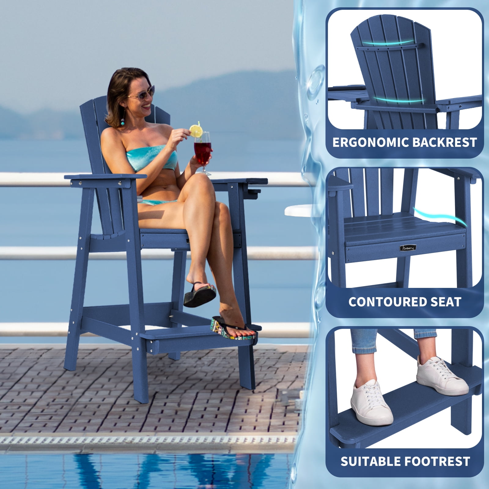 FUNBERRY Tall Adirondack Chairs Set of 2 with Removable Connecting Table, All Weather High Top Balcony Chair with Cup Holders