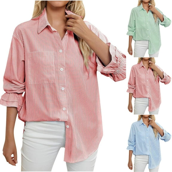 FRSASU Wrinkle-Resistant Womens Vertical Striped Button Down Shirts Long Sleeve Dress Shirt office Work Blouse Red XL(XL)
