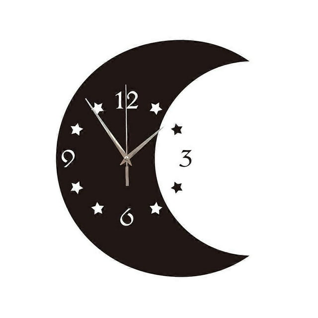 1PC Mirror Surface Wall Clock Moon and Star Wall Clock Decorative Hanging Clock for Home Living Room Bedroom (Black)