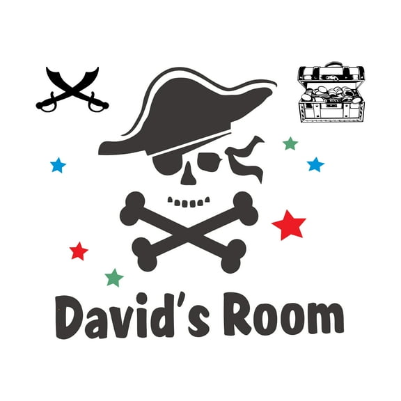 Personalized Name Cartoon Wall Decal Pirate's Skull with Crossed Bones Custom Name Bedroom Wall Decal for boys and girls Pirate Themed Kids Room Décor - Size: 20 In x 16 In