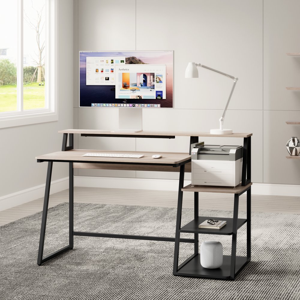 HOMOOI Computer Desk with Printer Shelf & Storage Shelf for Home Office