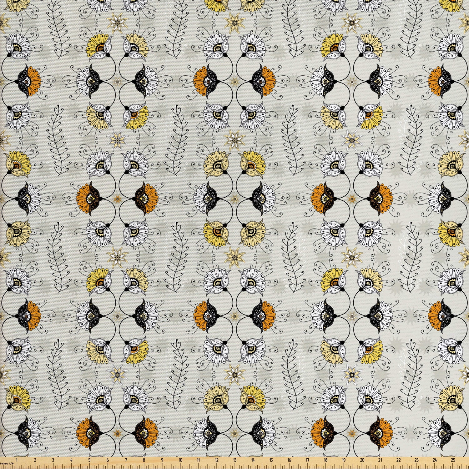 Grey and Yellow Fabric by The Yard, Paisley Style Flowers Ivy Swilrs