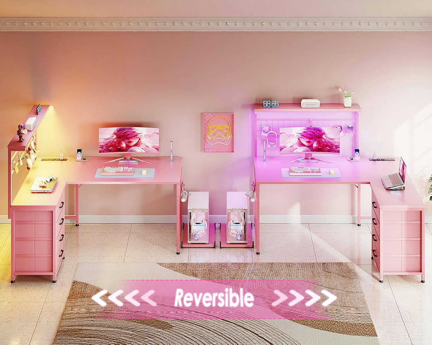 MOTPK L Shaped Gaming Desk with Drawers & LED Light & Power Outlet, 43" Reversible Computer Table with Shelves & Hooks for Home Office, Carbon Fiber Pink