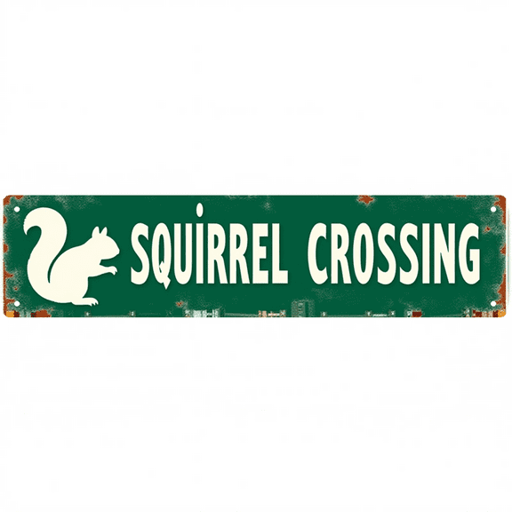 "Squirrel Crossing" Tin Sign - 16x4 Inches Funny Animal Decor for Wall, Great for Backyard, Porch, Garage | funny signs, outdoor sign, unique wall decor