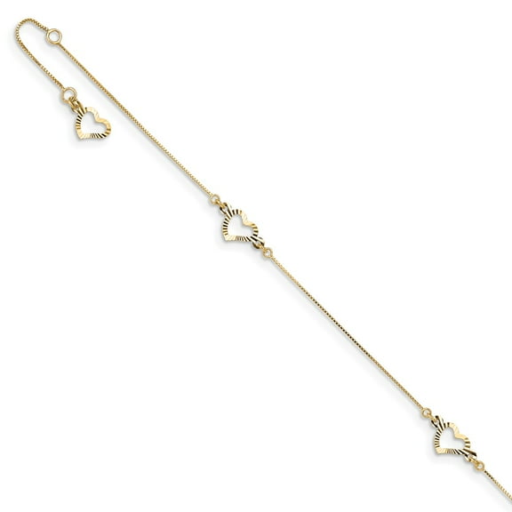 Real 14kt Yellow Gold Adjustable Heart 9in Plus 1in ext Anklet; 9 inch; for Adults and Teens; for Women and Men
