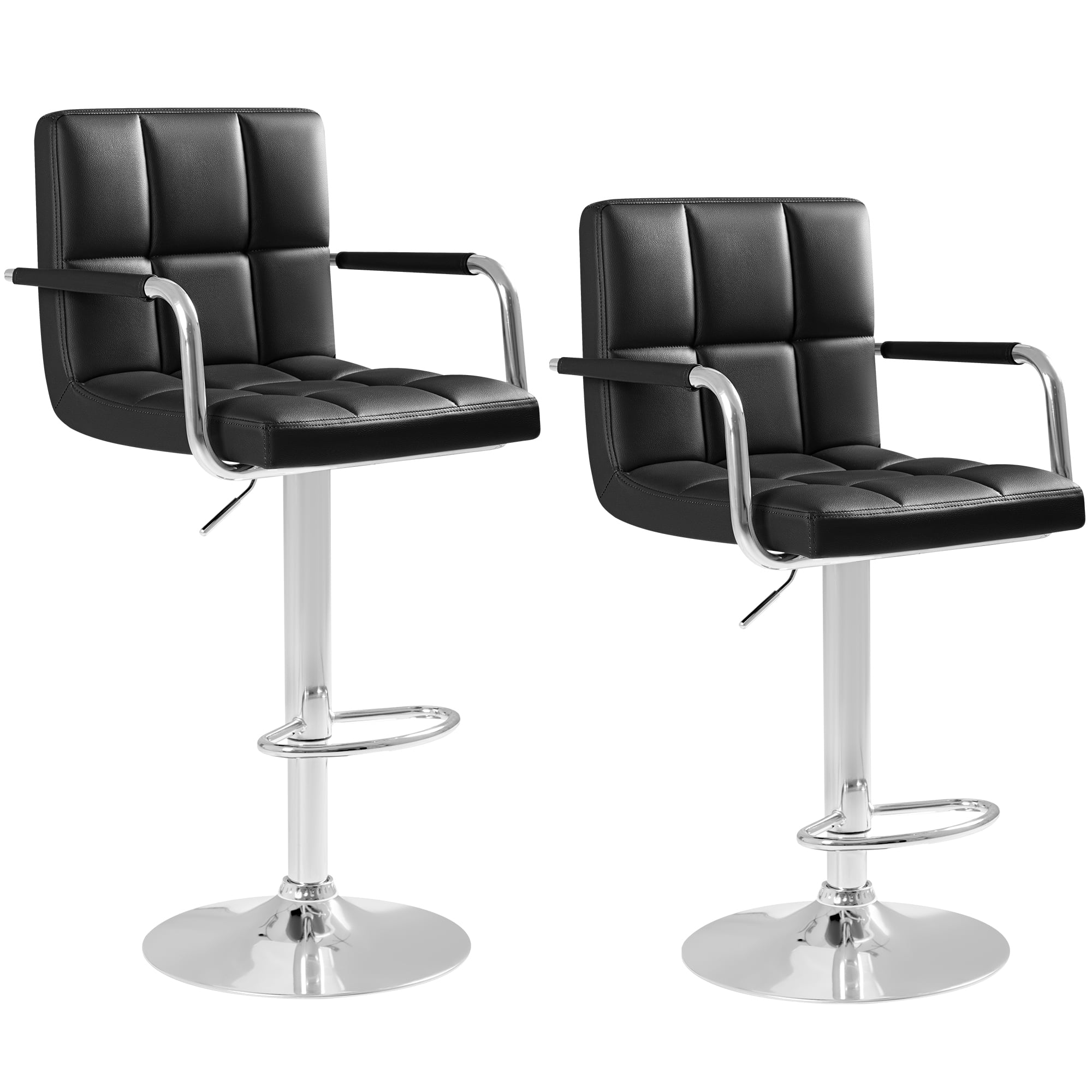 Homall Bar Stools Set of 2 Modern PU Leather Height Adjustable Hydraulic Kitchen Counter Square Island Swivel Barstool with Armrest, Black