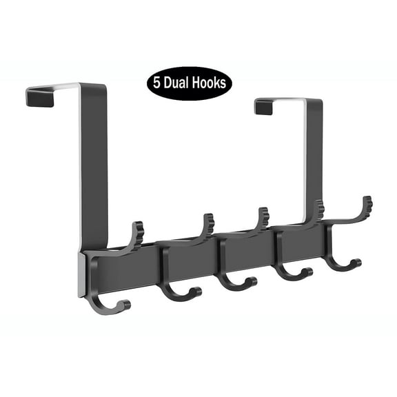 Over The Door Hooks for Hanging,Heavy Duty Hanger Holder for Hanging with 5 Dual Hooks,Over The Door Hanger Hook, Black Over the Door Towel Rack Fits 1-3/4" Thick Door