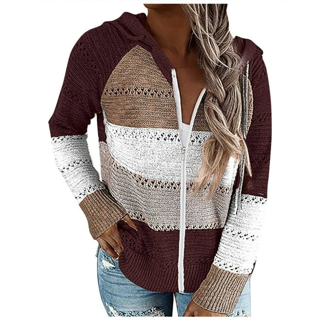 2025 Hauts Cardigan Décontracté Patchwork Doux Pulls pour Femmes Manches Blouse Longue Automne Cardigan à Capuche pour Femmes