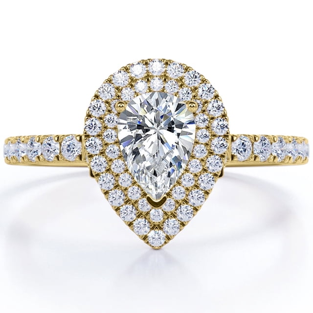 JeenMata Anillo de Compromiso con Doble Halo de Moissanita en Forma de Pera de 1,75 Quilates con Estilo Pavé Certificado en Baño de Oro Amarillo de 18 K sobre Plata