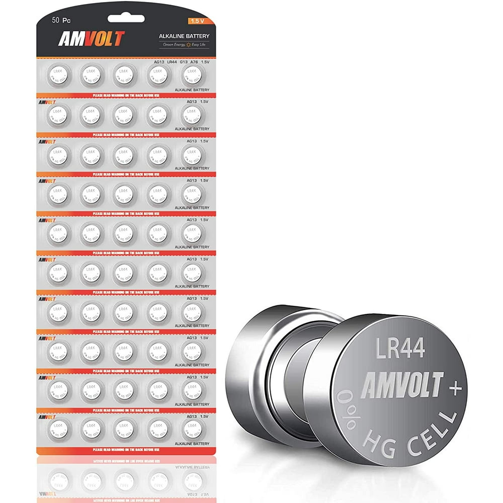 AmVolt 50 Pack LR44 AG13 SR44 357 303 LR44G Battery [Ultra Power] Premium Alkaline 1.5 Volt