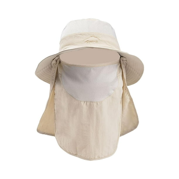 Sombreros para el sol con cubierta para el cuello y la cara para hombres, visera con correa a prueba de viento, protección solar ancha Beige