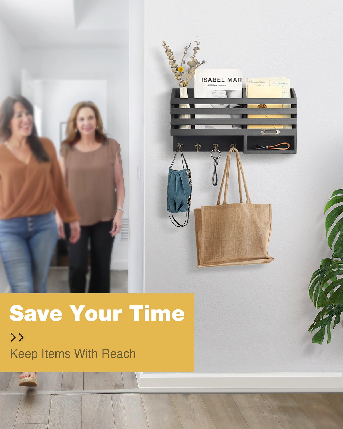Key Holder for Wall,Dinosam Double Mail Organizer Wall Mount with Store Shelf and 4 Sturdy Hooks,Hanging Key Rack Hanger for Entryway, Hallway, Bedroom, Living Room and Office,Black