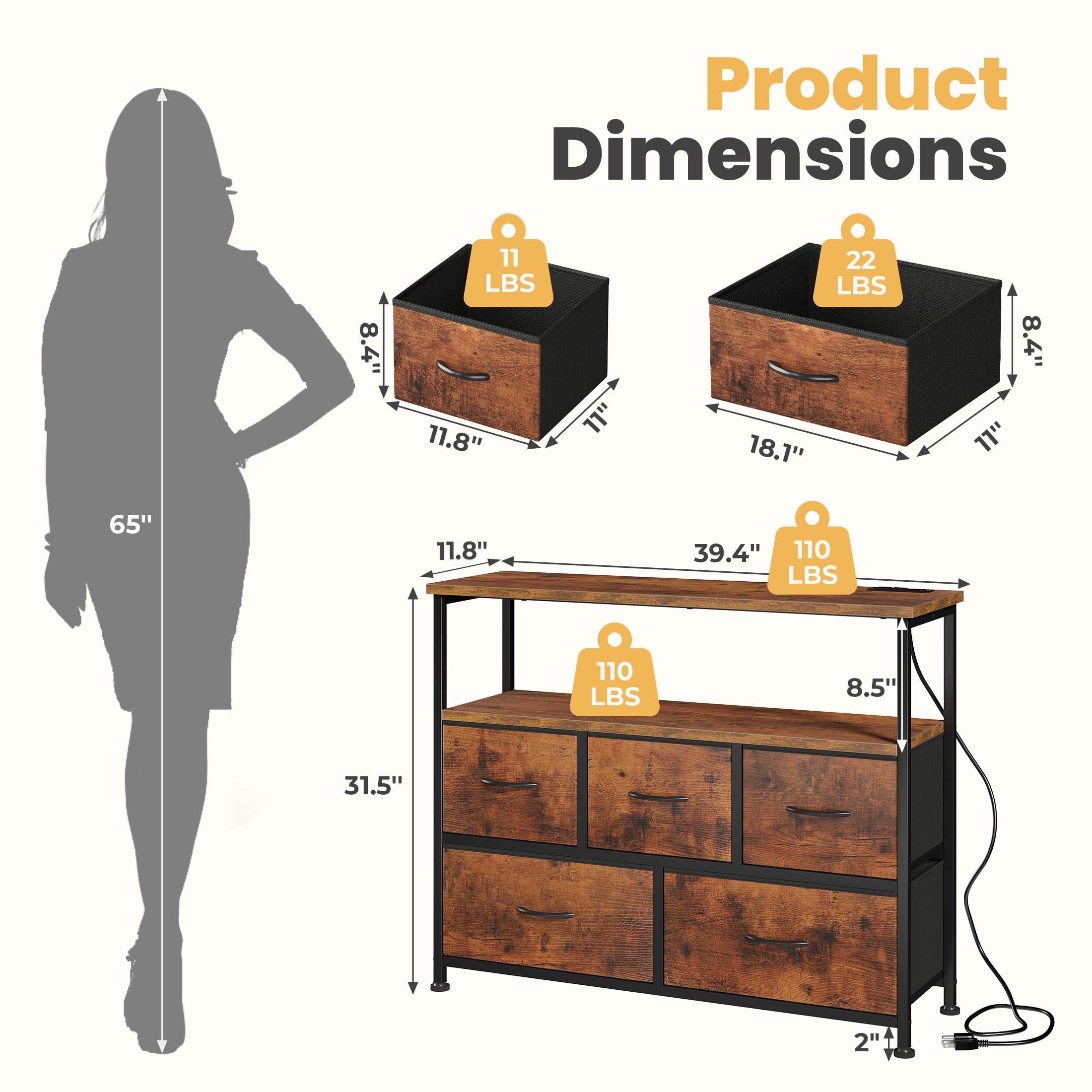 edx 5 Drawers TV Stand Dresser for 45" TV, Media Console with Charging Station & 2 Shelves, Storage Organizer for Bedroom Living Room, Rustic Brown