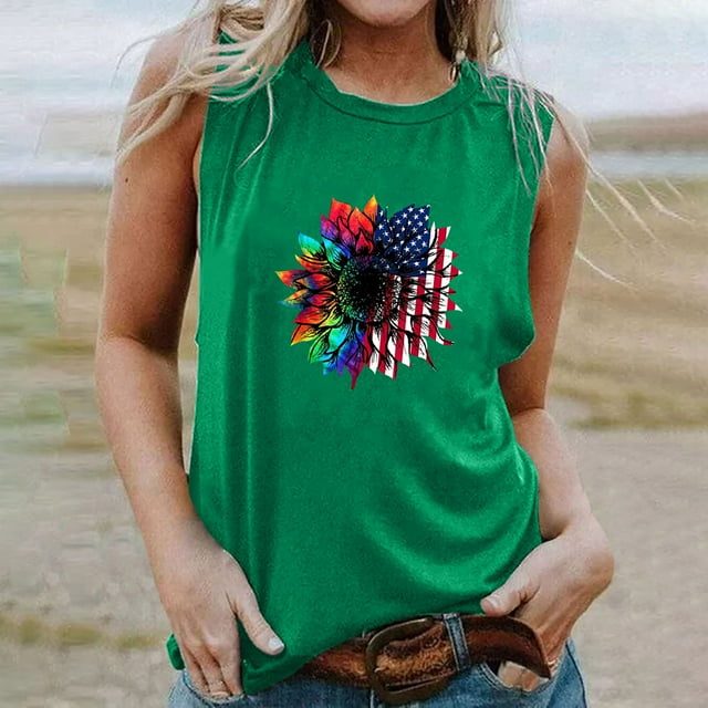 EQWLJWE Débardeurs Sans Manches pour Femmes Débardeurs d'Été pour Femmes Col Rond Imprimé Décontracté Ample T-shirt Sans Manches