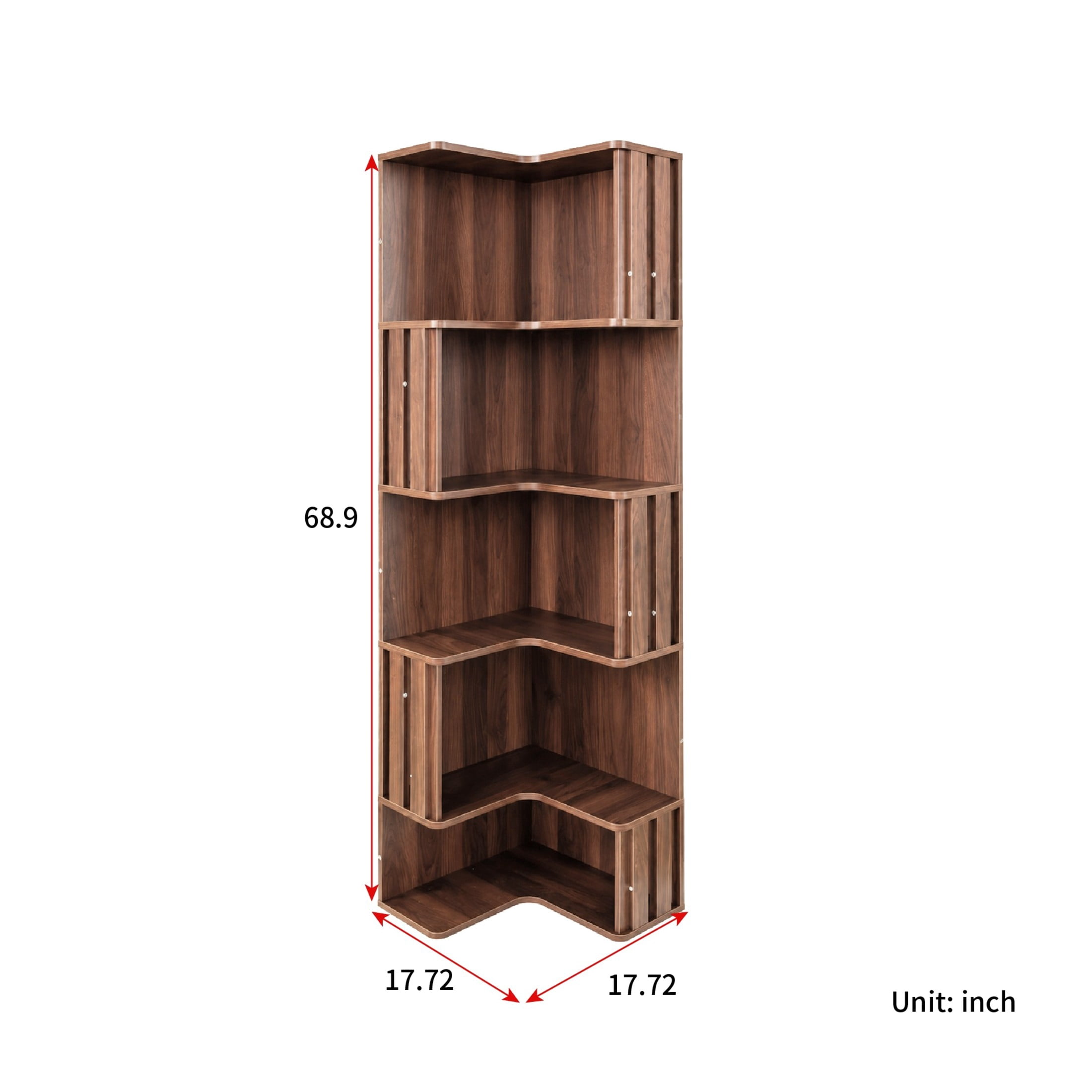 Noble House 68.9" 5-Tier Corner Bookcase, Freestanding L-Shaped Display Bookshelf for Home Office, Living Room, Walnut