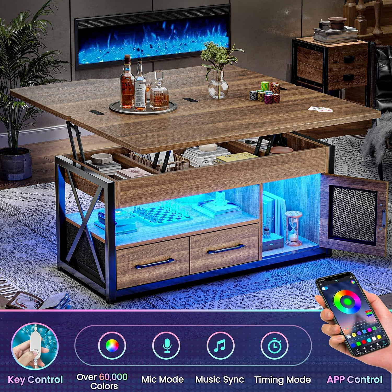 40" Lift Top Coffee Table, 4 in 1 Multifunctional Coffee Tables with Storage Cabinet for Living Room, Small Farmhouse Center Table with 2 Fabric Drawers & LED Light for Dining Room, Oak Brown