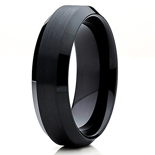 6mm Black Brushed Tungsten Carbide Wedding Ring Polished Beveled Edges Mens Womens Band