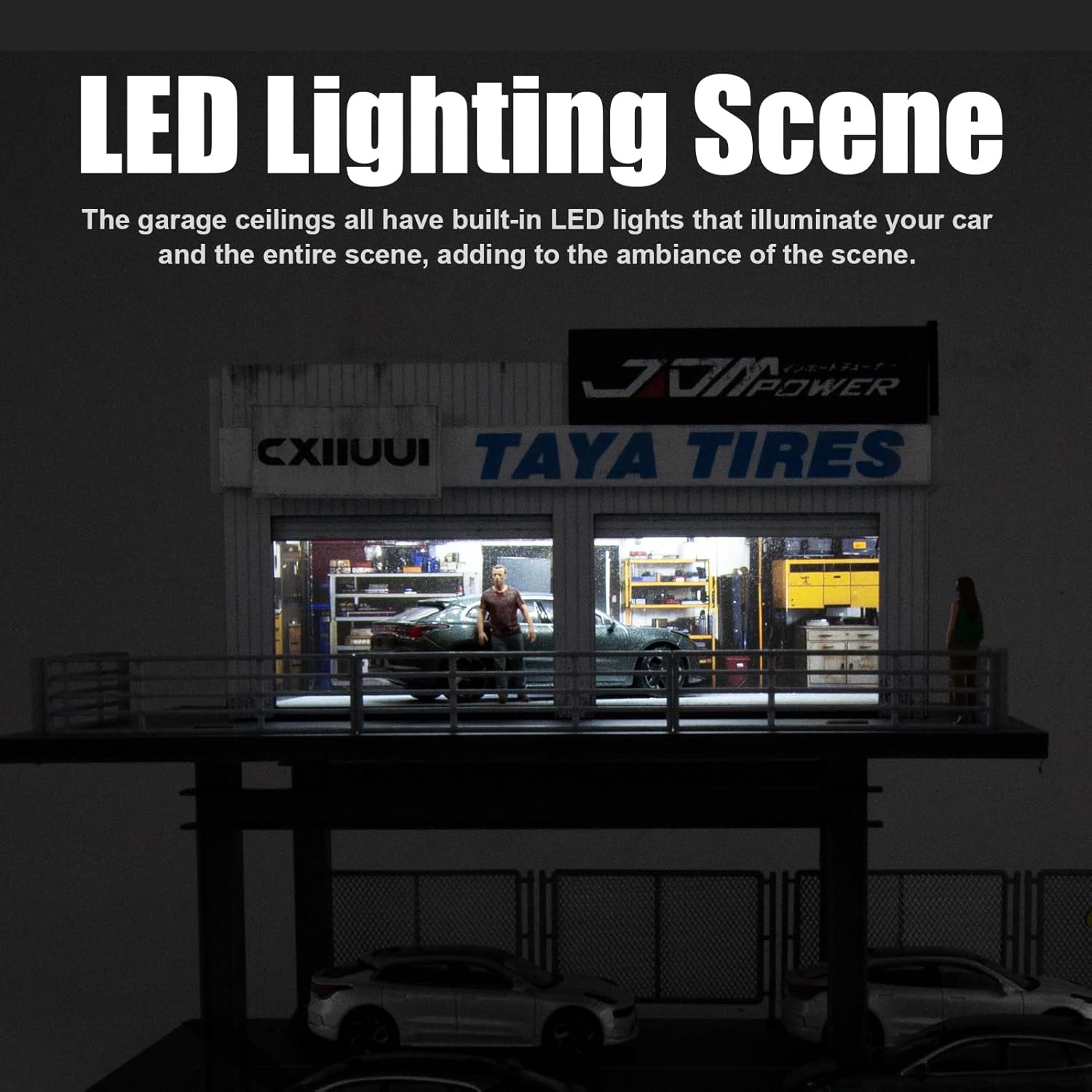 NUEIOVRW Diorama 1:64 Parking Lot Model, LED Lighting Diecast Car Garage Display Model, Car Showroom Scene Building Model Toy Gift, Car Models Display Case