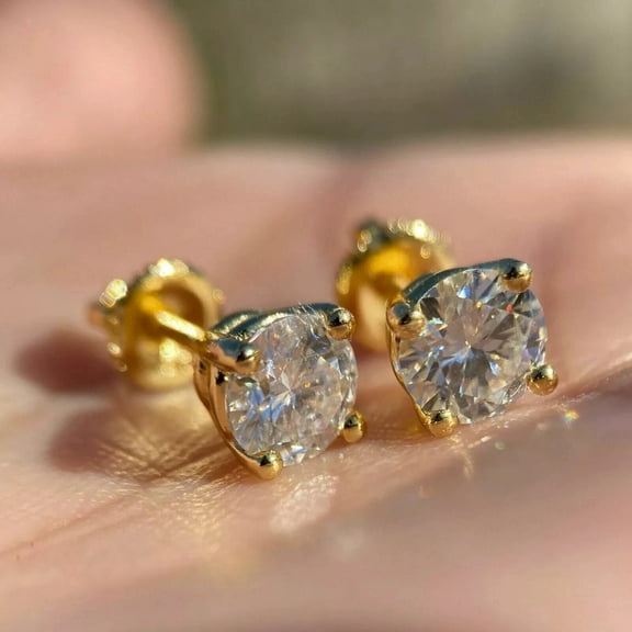 14k Yellow Gold Plated 2 Ct Round Cut Moissanite Women's Solitaire Stud Earrings