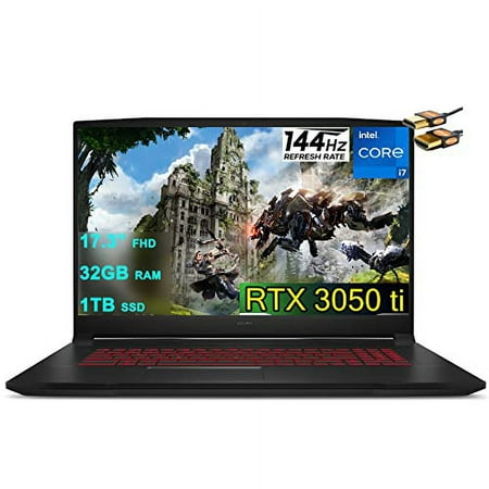 MSI Katana GF76 17 Gaming Laptop 17.3" FHD IPS 144Hz Display 11th Gen Intel 8-Core i7-11800H 32GB RAM 1TB SSD GeForce RTX 3050 Ti 4GB Backlit USB-C Nahimic Win10 Black + HDMI Cable