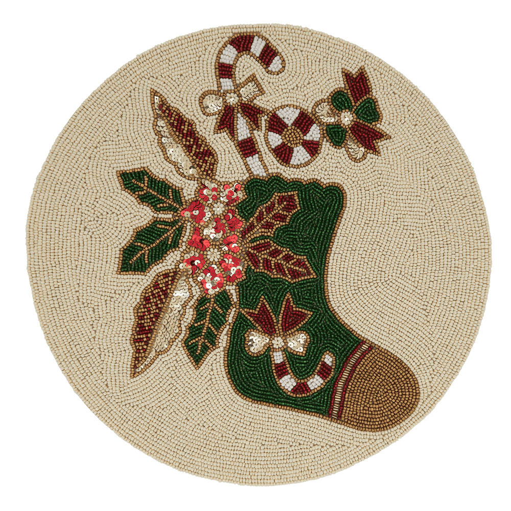 Fennco Style Hand Beaded Christmas Stocking Holiday Placemat 15" Round, 1-Piece - Red & Green Table Mat for Banquets, Holiday, Special Events and Home Décor