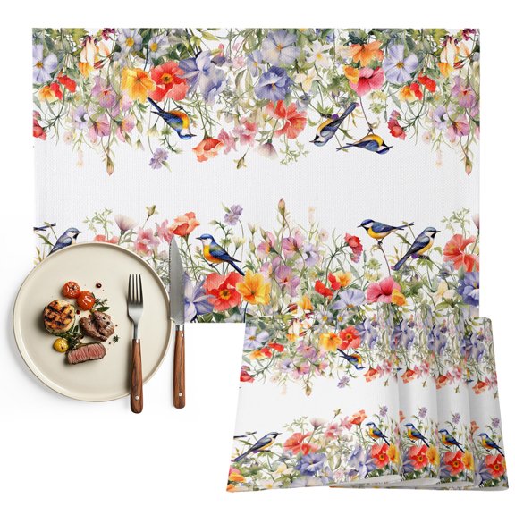 Vintage Flowers Placemats Set of 6, Spring Floral Botanical Pastoral Washable Wipeable Table Mats for Dining Tables, Indoor Outdoor Kitchen Place Mats for Holiday Party Table Decor
