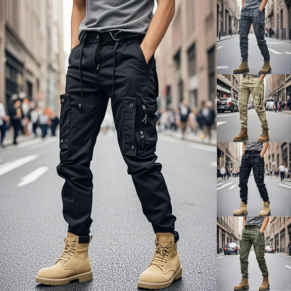 DODADAWANJ Mens Tactical Cargo Pants with MultI Pockets Big and Tall Elastic Bottom Hiking Outdoor Pants Casual Drawstring Elastic Waist Workout Pants Black XXXL