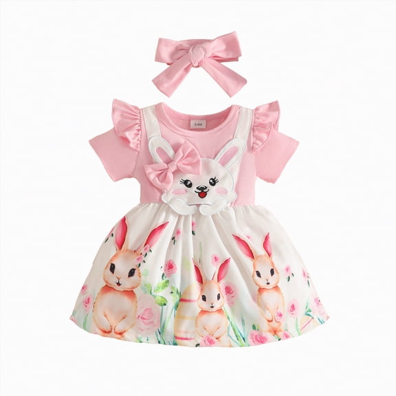 CAICJ98 Toddler Baby Girl Easter Outfit Birthday Dress Bunny Outfit Newborn Ruffle Short Sleeve Romper Bodysuit with Headband Infant Jumpsuit Summer Clothes (Pink,3-6 Months)
