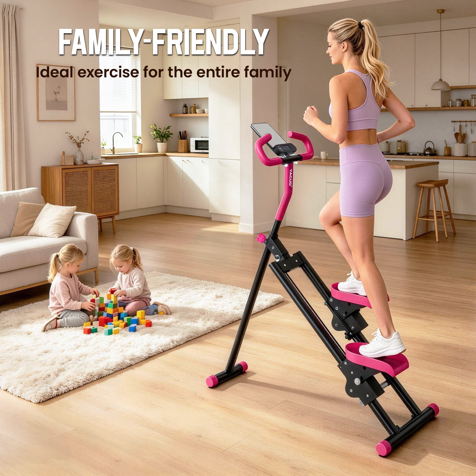 Stair Stepper with 6-Level Adjustable Handrails, 330lb Weight Capacity Stair Climber for Full-Body Exercise, Compact Foldable Step Machines for Home Workouts & Small Spaces, Pink