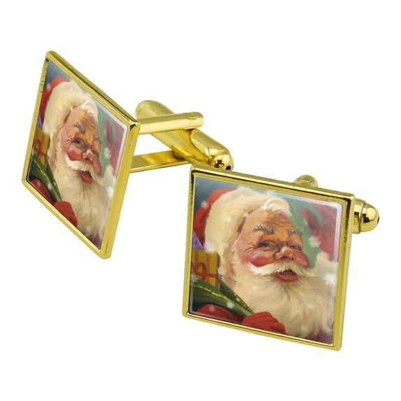 Christmas Holiday Santa and His Toy Sack Square Cufflink Set - Silver or Gold