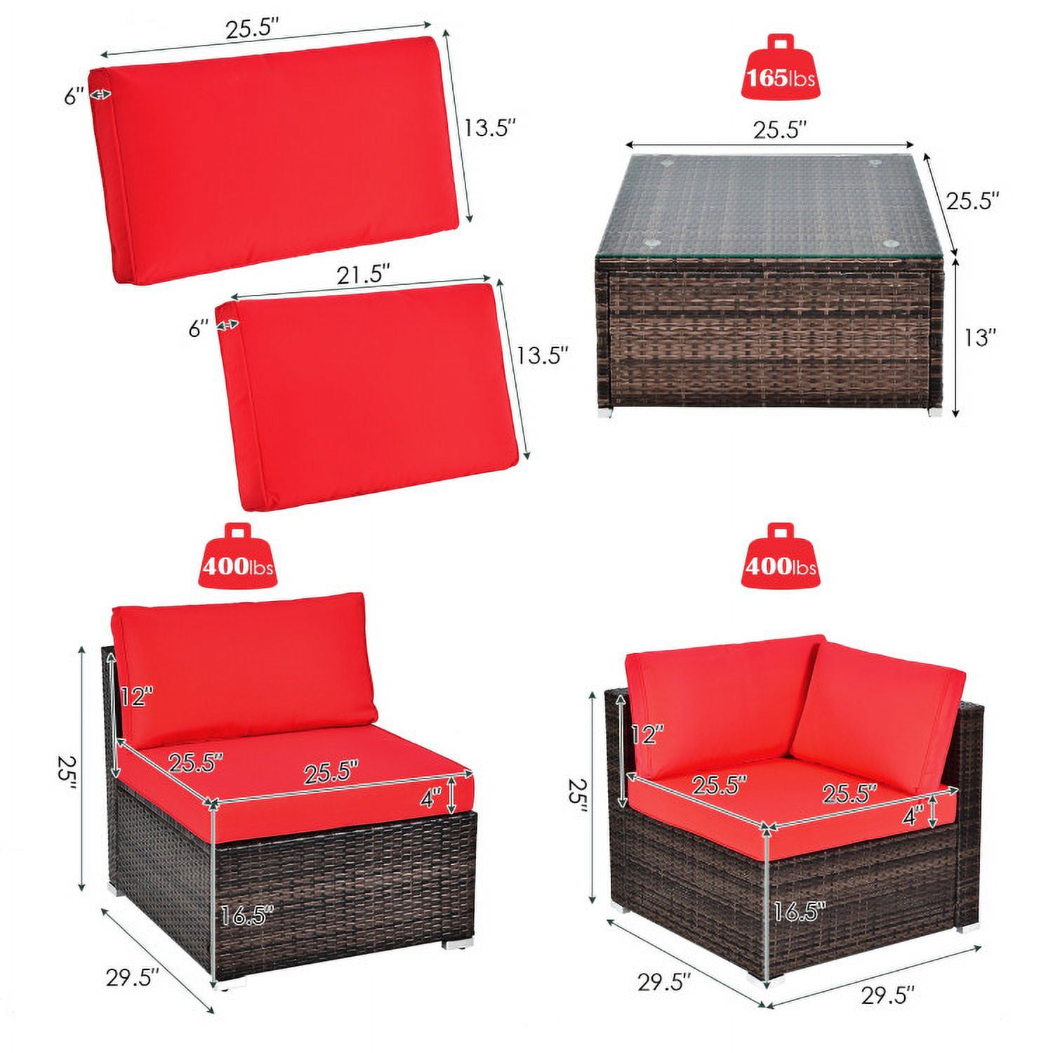 Aimee Lii 6 Pieces Patio Rattan Sectional Furniture Set with Cushions and Coffee Table, Outdoor Deck Furniture, Red Aimee Lii 6 Pieces Patio Rattan Sectional Furniture Set with Cushions and Coffee Table, Outdoor Deck Furniture, Red